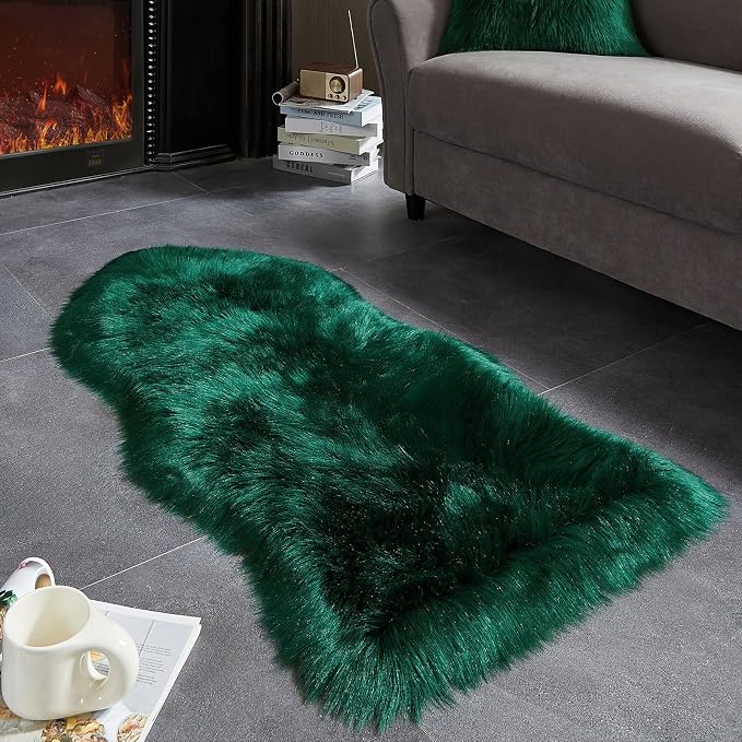 AMTOVO Faux Fur Rug, Dark Green Area Rug, Fluffy Sheepskin Rug, Fuzzy Ultra - Image 2