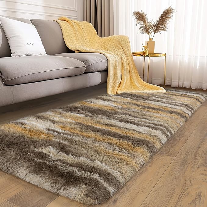 Soft Runner Rugs for Bedroom Hallways, 2x5 Abstract Brown Fluffy Shag Throw - Image 2