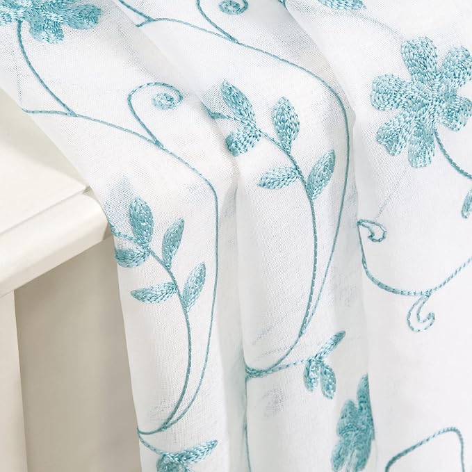 HOMEIDEAS White and Blue Embroidered Floral Sheer Curtains 84 Inches Long 2 - Image 7