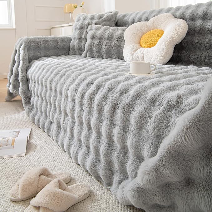 HANDONTIME Grey Plush Sofa Covers Washable Rabbit Plush Couch Cover Soft Cozy - Image 7