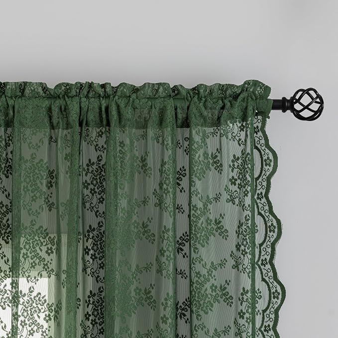YJ YANJUN Vintage Lace Curtains-Victorian Floral Dark Green Boho 102 inch Long - Image 3