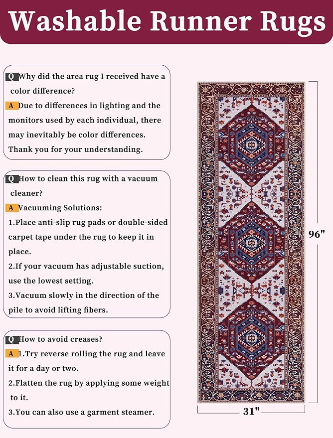SERISSA Runner Rug for Hallways, Long Boho Rug Vintage Burgundy Navy Hallway - Image 6