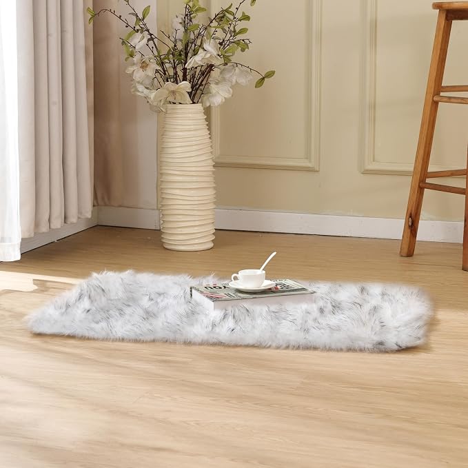 ORINOVA White and Grey Faux Fuzzy Fur Sheepskin Washable Area Rugs - Image 6