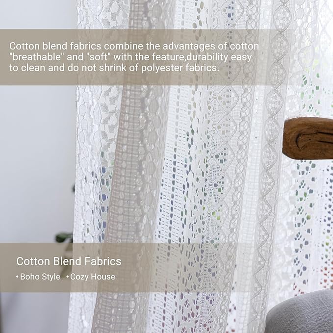 WAZZIO Boho Lace Curtains 72 Inches 2 Panel, Light Filtering Privacy Tassel & - Image 4