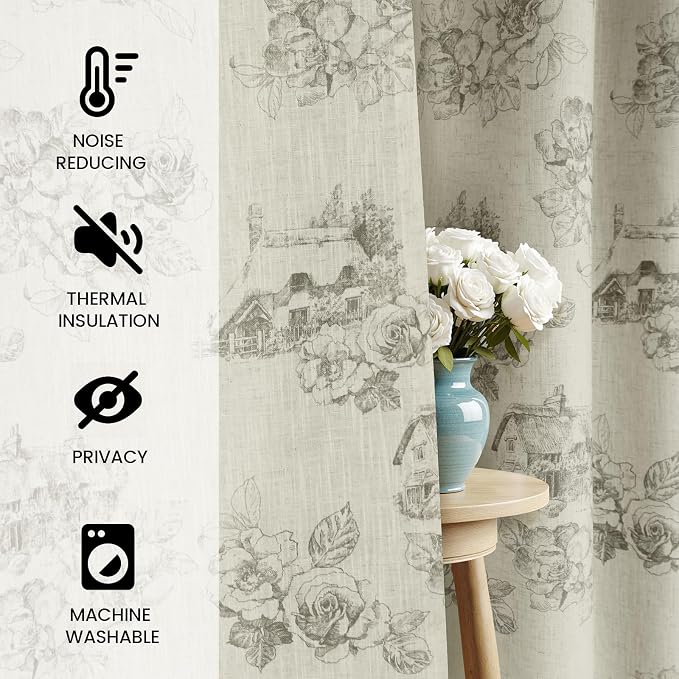 Yakamok Grey Floral Linen Curtains - Image 2