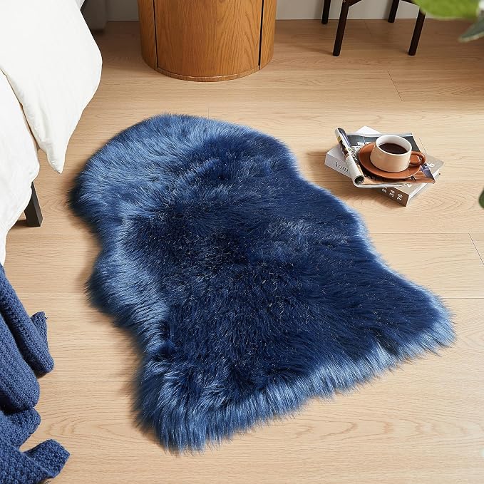 AMTOVO Faux Fur Rug, Dark Blue Small Area Rug, Fluffy Sheepskin Rug, Fuzzy - Image 5