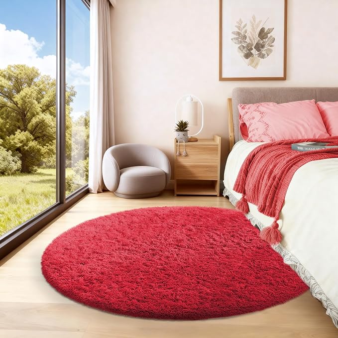 Ophanie Round Rug 4Ft Red Circle Area Rug, Christmas Room Decor, Aesthetic - Image 5