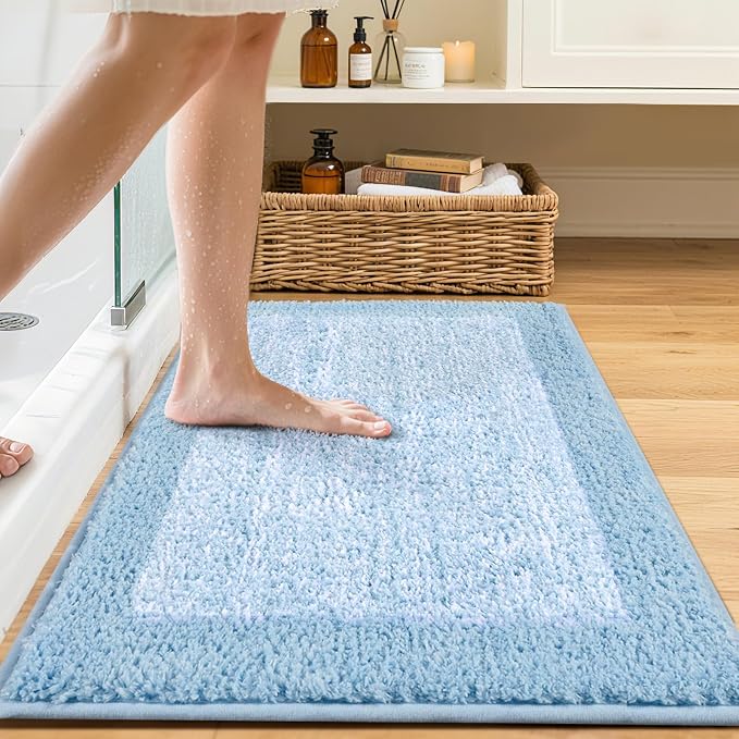 36x24 Large Bathroom Rugs Washable Non Slip, Light Blue Bath Mat - Image 2