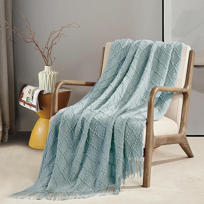 BOURINA Aqua Throw Blanket 50 x70 Inches Jacquard Argyle Throw Textured Solid - Image 3