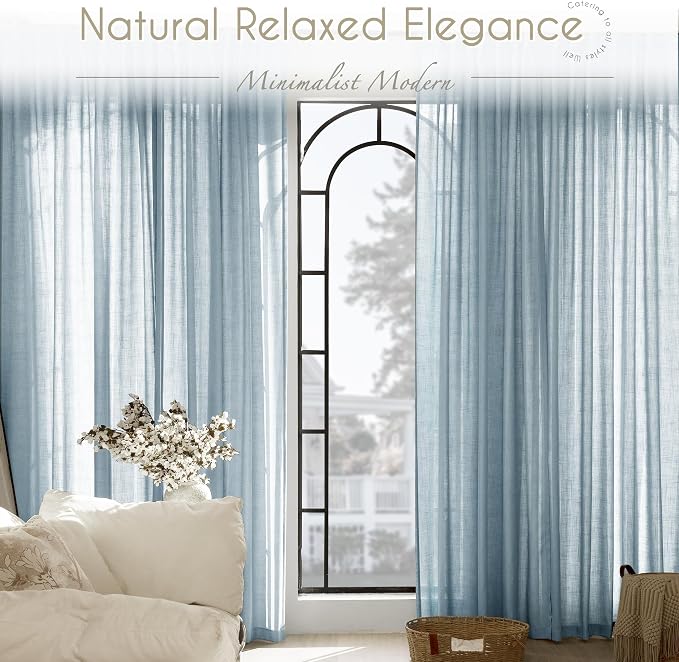 Dusty Blue Linen Curtains for Living Room Back Tab Light Filtering Semi Sheer - Image 6