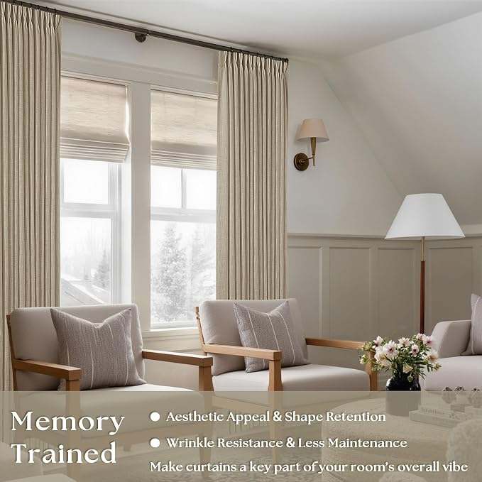 Textured Linen Pinch Pleated Curtains Tan Greige 84 Inches Long 2 Panels | - Image 2
