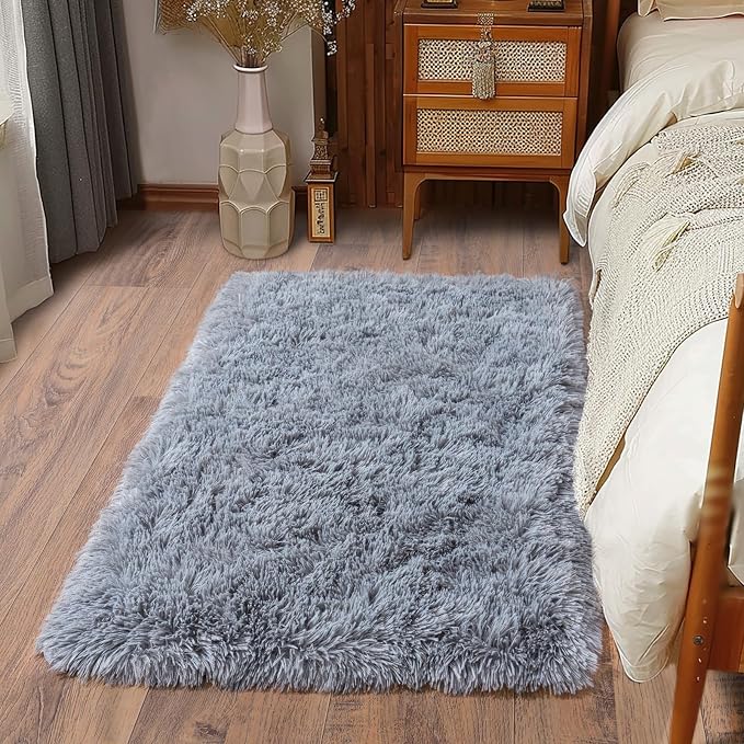 Soft Runner Rugs for Bedroom Hallways, 2 Packs 2x3 Grey Fluffy Shag Throw Area by Ailyei