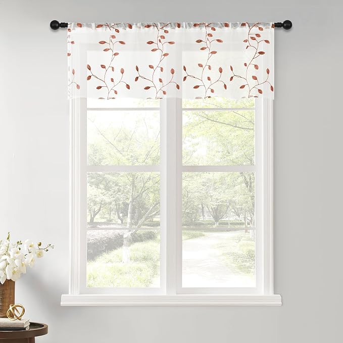 MRTREES Sheer Christmas Curtain Valance, 2 Panels Voile Leaves Embroidered by MRTREES