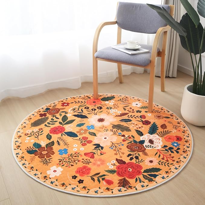 Rugcomf Round Rug 6ft Washable Circle Rug Non Slip Low Pile Boho Floral Small - Image 6