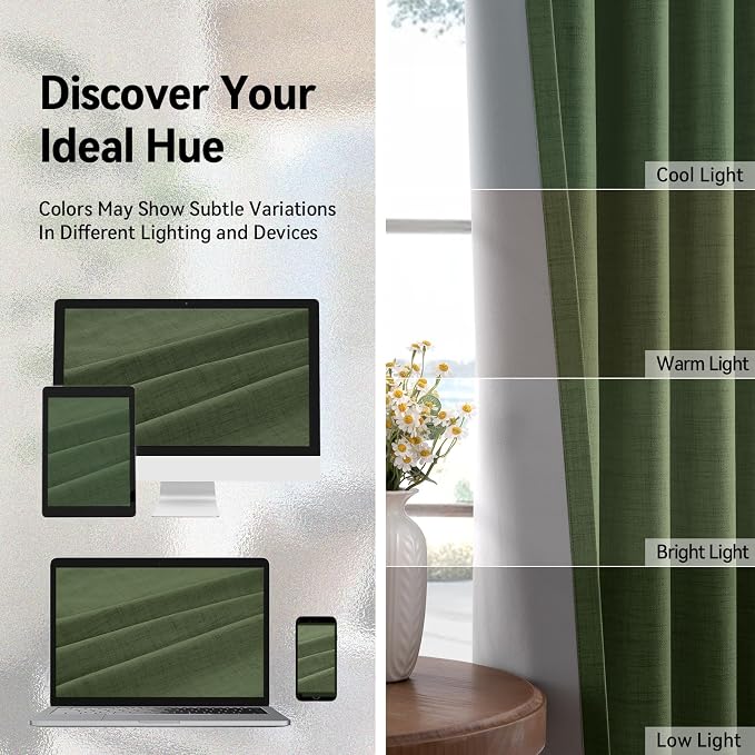 100% Blackout Linen Textured Curtains 90 Inch Long, Olive Green | 100% Blackout - Image 7