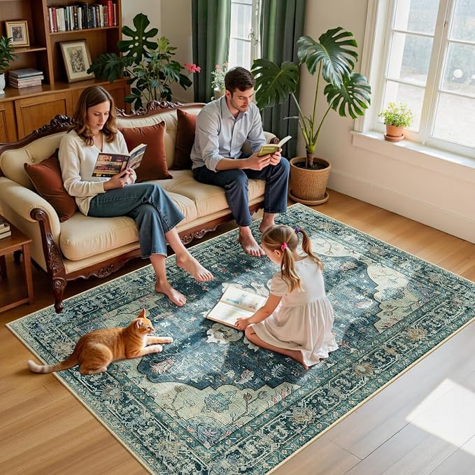Area Rugs 5'x7' Washable Non-Slip, Floral Vintage Distress Print Pattern - Image 3