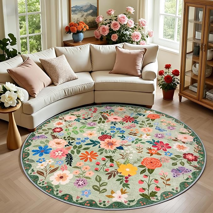 Round Area Rug for Living Room: 6 ft Floral Washable Circle Rug Soft Boho by PLHXFRSoftAreaRugs