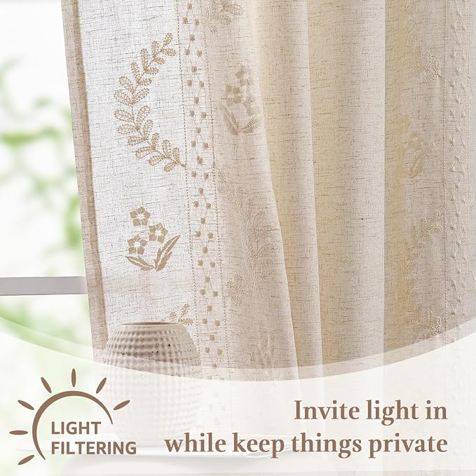 jinchan Belrose Linen Floral Kitchen Curtains 36 inch Length Embroidered - Image 7