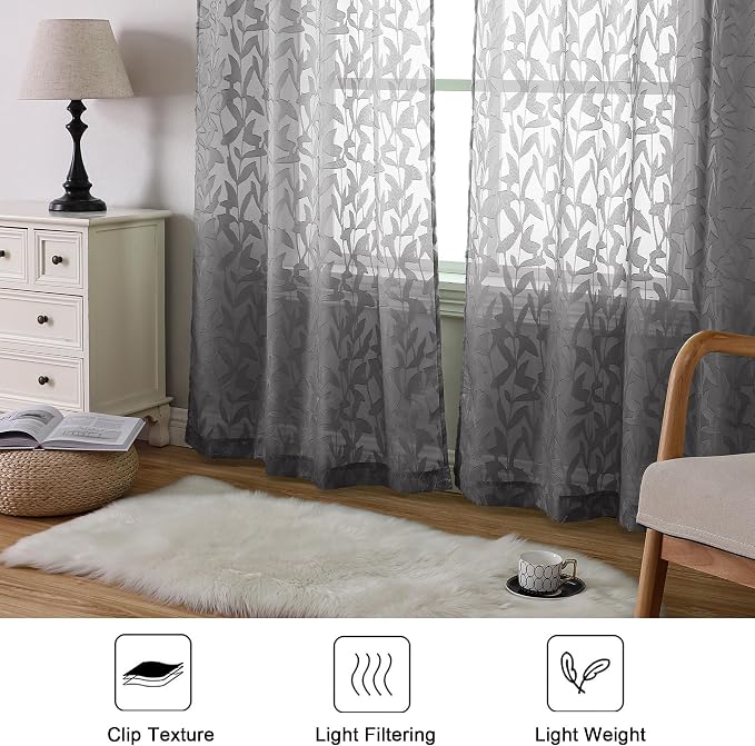 Lecloud Leia Charcoal Grey Sheer Curtains 90 Inches Long 2 Panels, Airy Leaf - Image 7