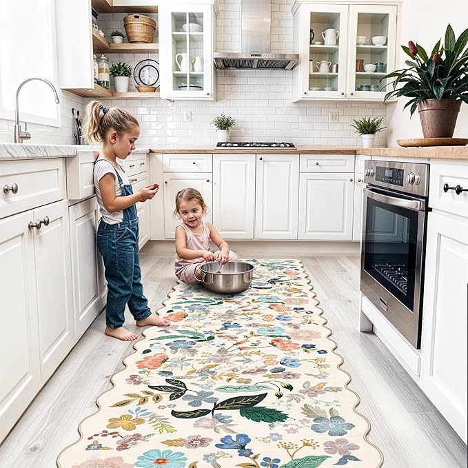 Washable 2x8 Hallway Runner Rug: Vintage Water-Resistant Floral Scalloped - Image 2