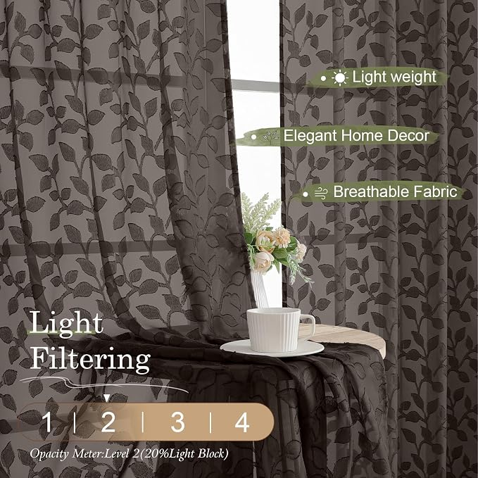 Chyhomenyc Extra Long Chocolate Sheer Curtains 120 Inch Length 2 Panels Set - Image 2