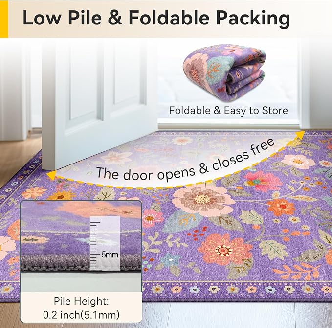 RELEANY Floral Washable 8x10 Area Rugs Purple/Pink | Flower Carpet Print Boho - Image 5
