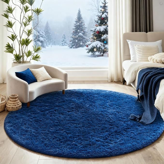 Ophanie Blue Round Rug 5Ft Circle Area Rug, Boys Room Decor, Fluffy Fuzzy - Image 5