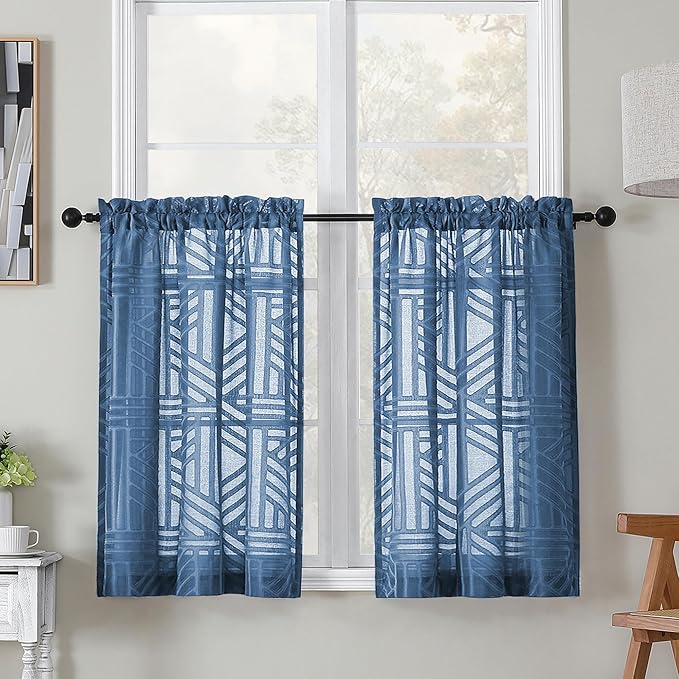 Simplebrand Semi Sheer Dusty Blue Curtains 36 Inch Length 2 Panels, Geometric by Simplebrand