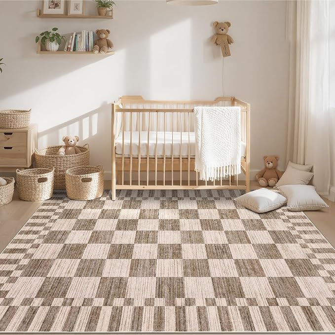 GarveeHome 8x10 Area Rugs Geometric Washable Modern Brown Checkered Rug | - Image 3
