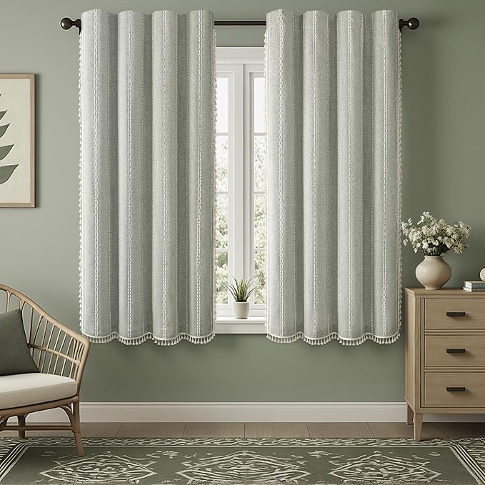 Boho Blackout Curtains 63 Inches Long Sage Green Linen Blend 2 Panels by Unknown