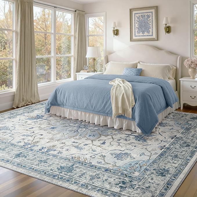 Area Rugs 10'x14' Washable Non-Slip, Floral Vintage Distress Print Pattern - Image 3