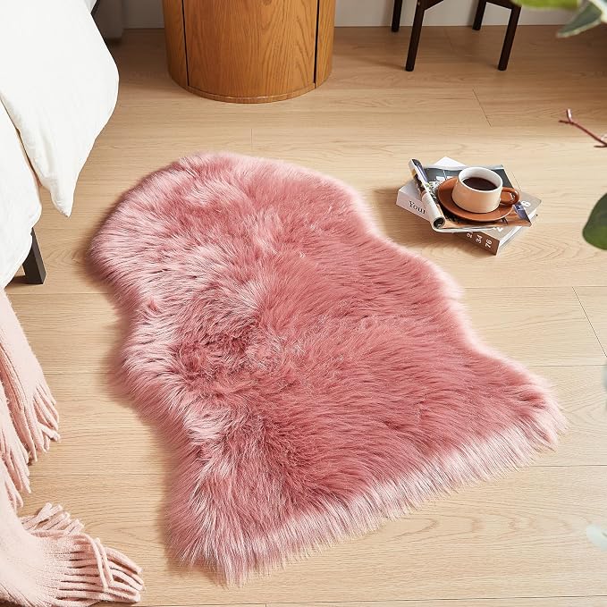 AMTOVO Faux Fur Rug, Blush Pink Small Area Rug, Fluffy Sheepskin Rug, Fuzzy - Image 3
