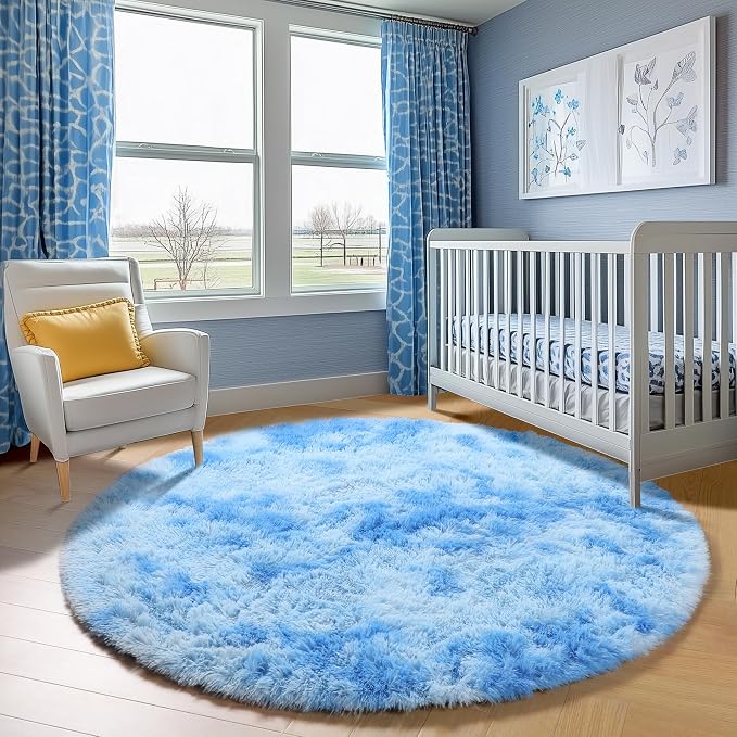 ONASAR Round Rugs 6ft for Living Room Bedroom, Tie-Dye Blue Fluffy Circle Area - Image 8