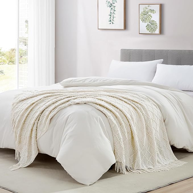 BOURINA Beige Throw Blanket 50 x70 Inches Jacquard Argyle Throw Textured Solid - Image 4