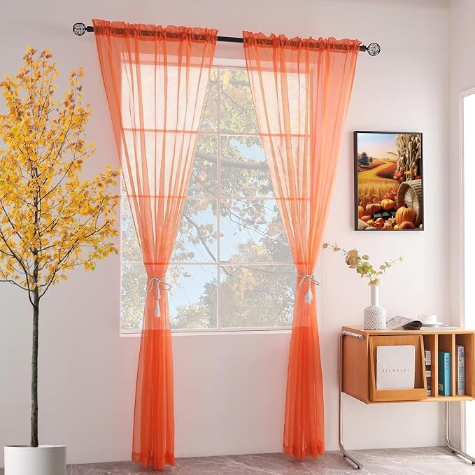 youleyar Solid Sheer Rod Pocket Curtain Voile Draperies 2 Panels White Beige - Image 2