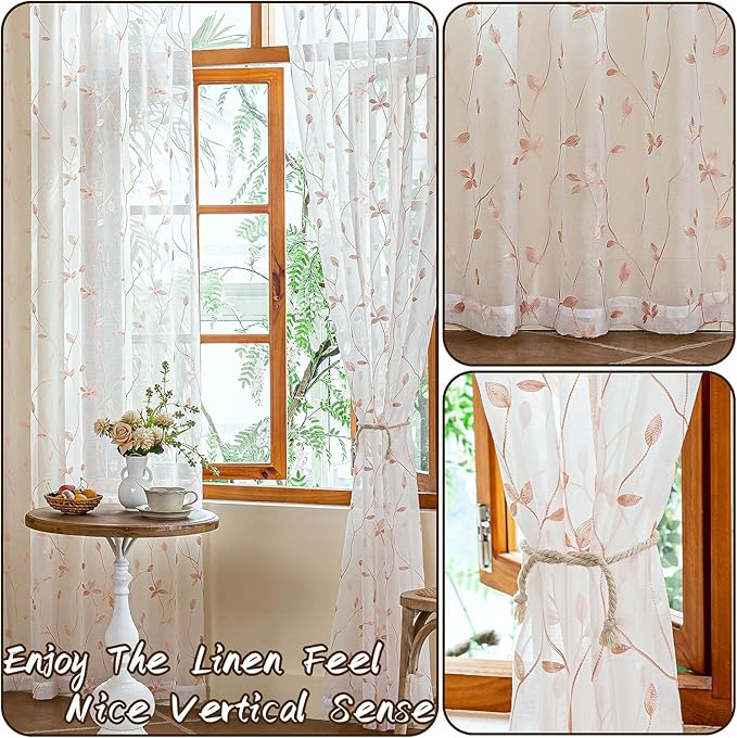 AmHoo 2 Panels Embroidered Leaf Pattern Semi Sheer Curtains Foliage Floral - Image 5
