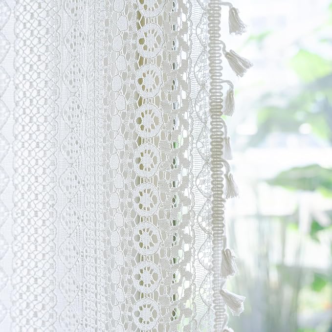 WAZZIO Boho Lace Curtains 72 Inches 2 Panel, Light Filtering Privacy Tassel & - Image 6