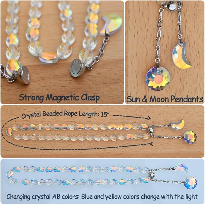 PEDOBO Magnetic Curtain Tiebacks, 2 Pack Crystal Beaded Sun & Moon Pendants - Image 3
