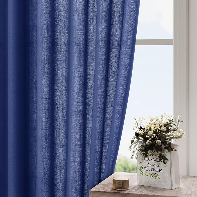 Nanspring Classic Blue Linen Curtains Semi Sheer 96 Inches Long 2 Panels Set - Image 4