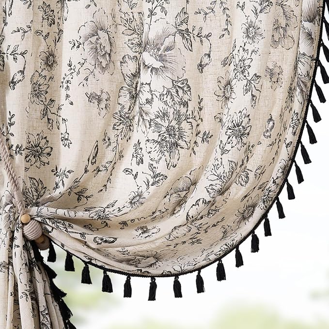 jinchan Linen Curtains Floral Curtains Living Room 96 Inch Long Printed by JINCHAN