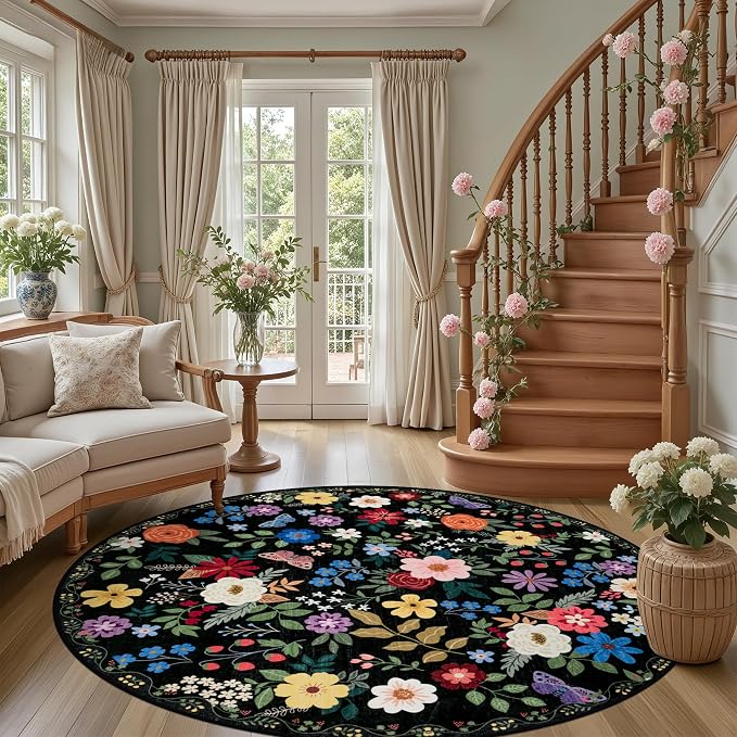 Round Area Rug for Living Room: 6 ft Floral Washable Circle Rug Soft Boho - Image 2