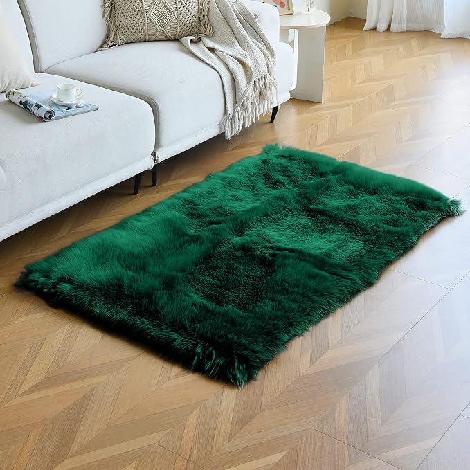 duduta Emerald Green Faux Fur Rug 3x5 ft, Fluffy Shag Rectangular Sheepskin Rug - Image 5