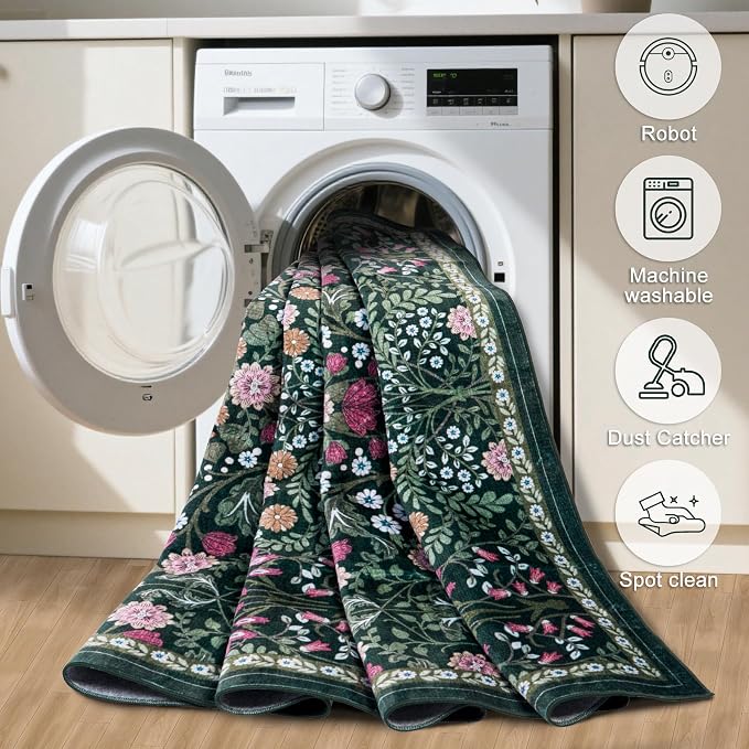 PLHXFR 2.6x14 Washable Runner Rug：Floral Indoor Kitchen Carpet Dark Green | - Image 8