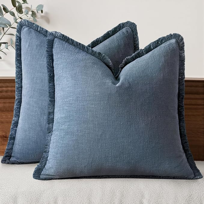 MIULEE Boho Linen Fringe Decorative Throw Pillow Covers Blue Ashes 18x18 | Set by MIULEE