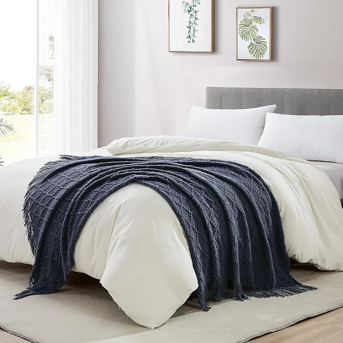 BOURINA Navy Throw Blanket 50 x70 Inches Jacquard Argyle Throw Textured Solid - Image 5