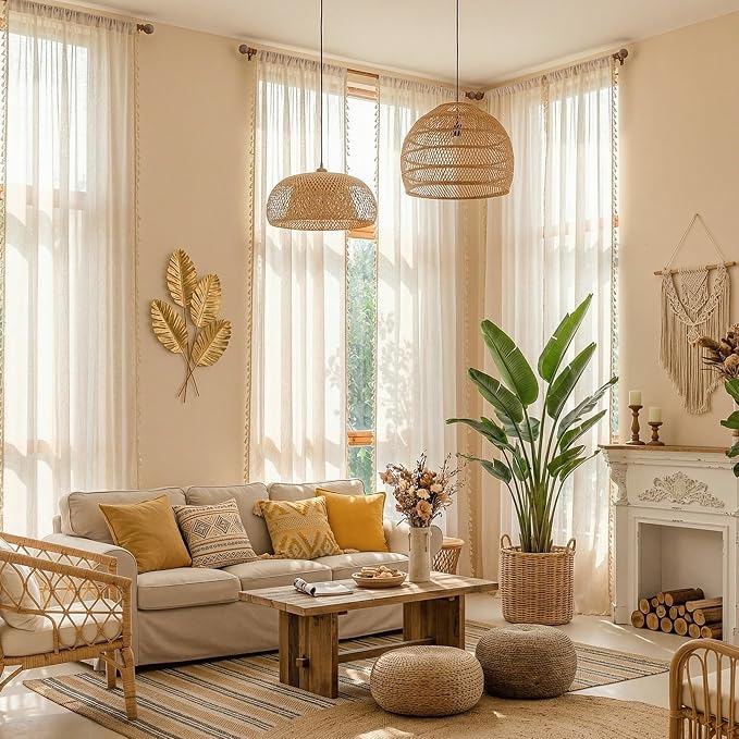MYSKY HOME Bohemian Linen Sheer Macrame Curtains 72 Inch Length, Back Tab - Image 2