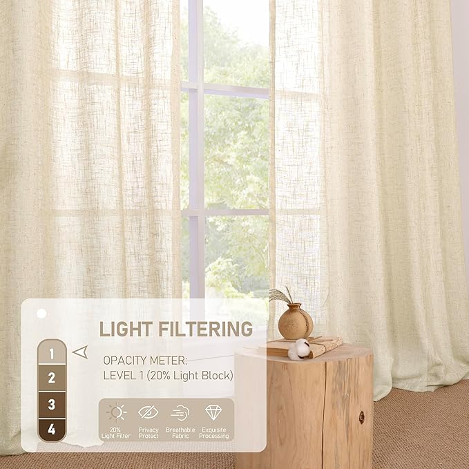 LAMIT 102 inches Long Sheer Linen Curtains, Linen Textured Light Filtering Semi - Image 3