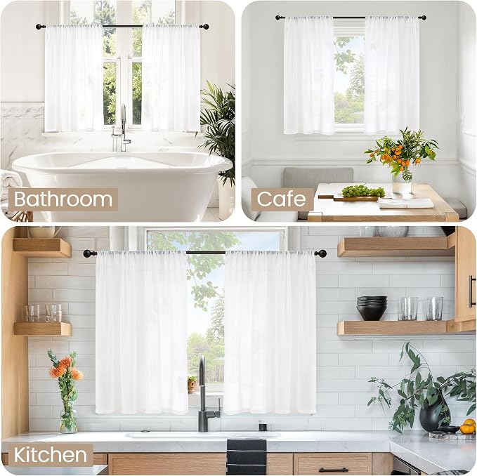 BGment White Linen Cafe Curtains 36 Inch Length, Small Drapes Semi Sheer - Image 2