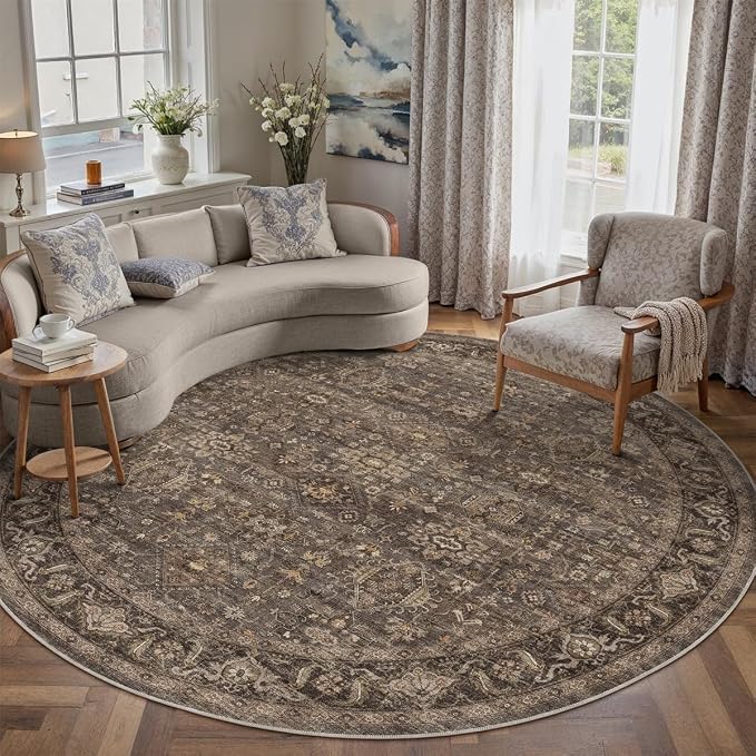 8x8 Washable Round Rug for Living Room Bedroom Vintage Brown Non Slip Carpet - Image 3