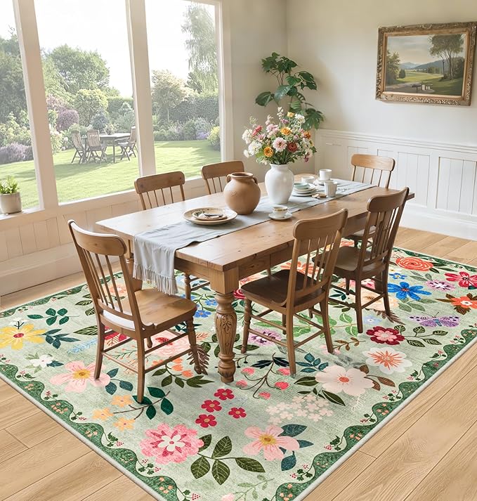 Area Rug Living Room Rugs: Floral 5x7 Washable Rug Vintage Soft Boho Non-Slip - Image 4